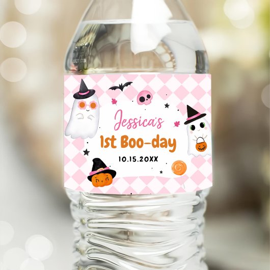 Roze Halloween Schattige Ghost 1e Verjaardag Waterfles Etiket