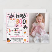 Roze Halloween Schattige Ghost 1st Birthday Foto Kaart (Voorkant)