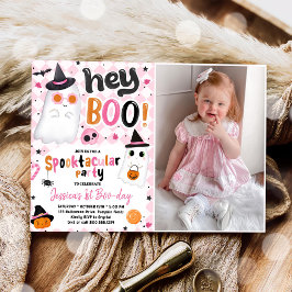 Roze Halloween Schattige Ghost 1st Birthday Foto Kaart
