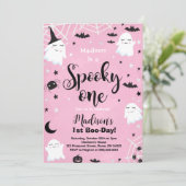 Roze Halloween Schattige Ghost Spooky Een 1e Verja Kaart (Staand voorkant)
