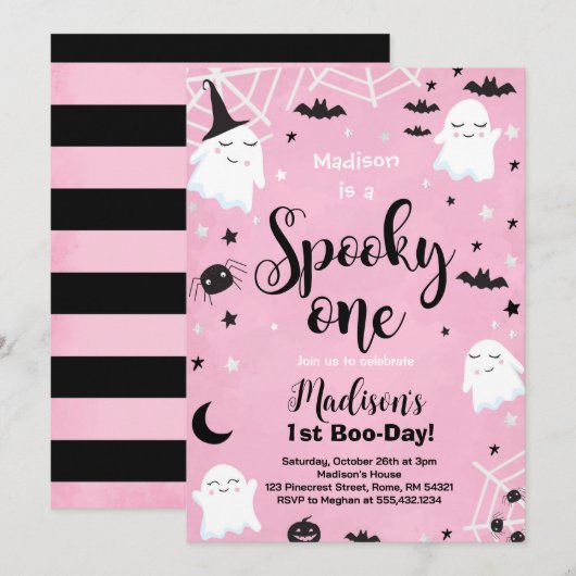 Roze Halloween Schattige Ghost Spooky Een 1e Verja Kaart (Voorkant / Achterkant)