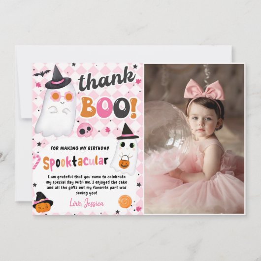 Roze Halloween Schattigee Ghost Verjaardagsfoto Bedankkaart (Voorkant)