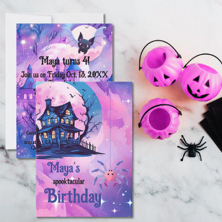 Roze Halloween Spider spooky herenhuis 4e verjaard Kaart