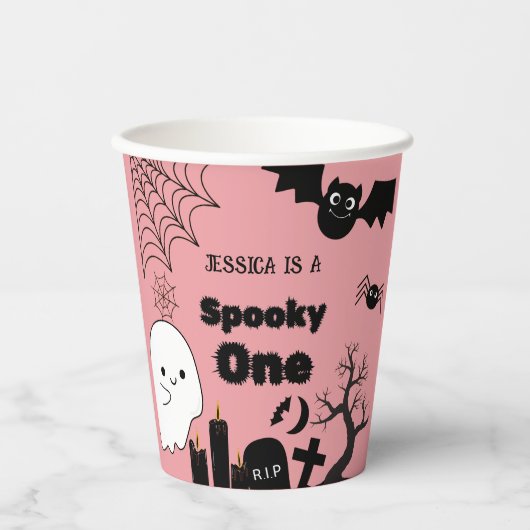 Roze Halloween Spooky Een Eerste Verjaardagsfeest Papieren Bekers (Voorkant)