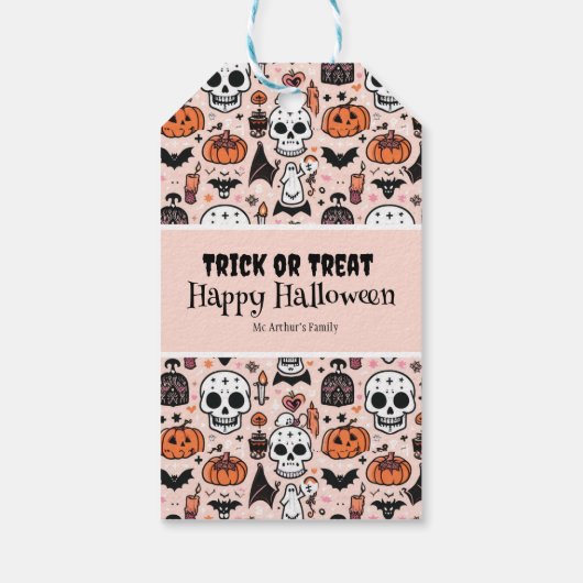 Roze Halloween Trick or treat aangepaste familiena Cadeaulabel (Achterkant)