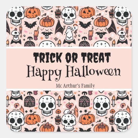 Roze Halloween Trick or treat aangepaste familiena Vierkante Sticker (Voorkant)