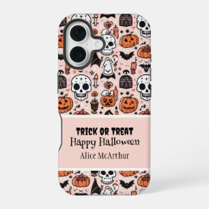 Roze Halloween Trick or Treat Aangepaste Naam iPhone 16 Hoesje