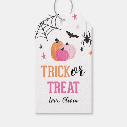Roze Halloween Trick or Treat Pompoenen en Spinnen Cadeaulabel (Voorkant)