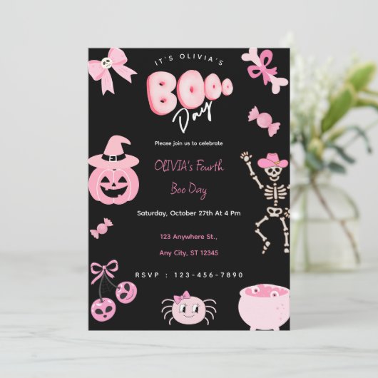 Roze Halloween Verjaardag Meisje Schattige Boo Day Kaart (Staand voorkant)