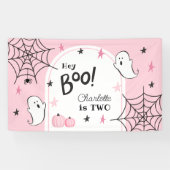 Roze Halloween Verjaardag Schattige Ghost Hey Boo Spandoek (Horizontaal)