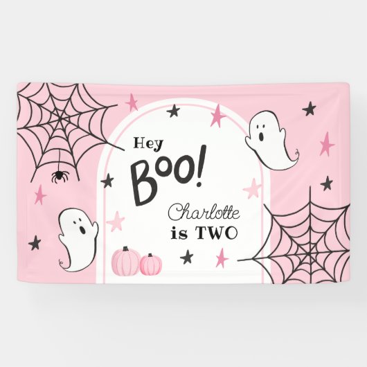 Roze Halloween Verjaardag Schattige Ghost Hey Boo Spandoek (Horizontaal)