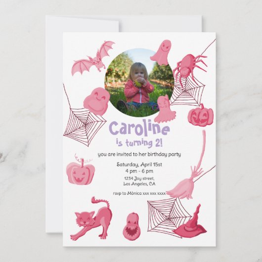 Roze Halloween-verjaardagsfeest uitnodiging (Voorkant)