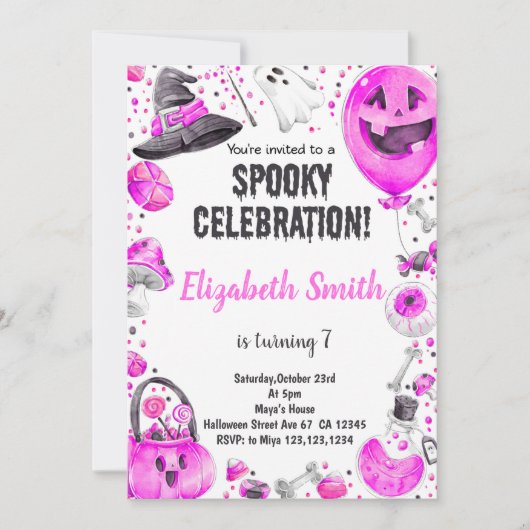 Roze Halloween verjaardagsfeestje uitnodiging voor (Voorkant)