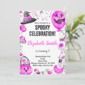 Roze Halloween verjaardagsfeestje uitnodiging voor (Staand voorkant)