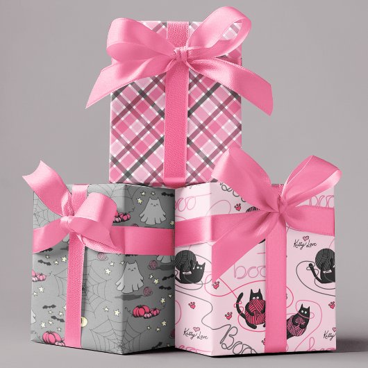 Roze Halloween voor Kids Boo Kat Love Kittens Inpakpapier Vel