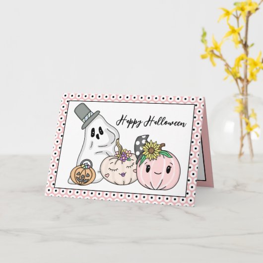 Roze Halloween Whimsical Pumpkins en Boo Kaart (Gele Bloem)