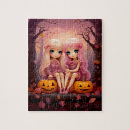 Roze Halloween zus tweeling meisjes in het park Legpuzzel