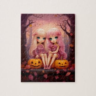 Roze Halloween zus tweeling meisjes in het park Legpuzzel