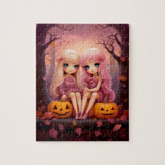Roze Halloween zus tweeling meisjes in het park Legpuzzel (Verticaal)