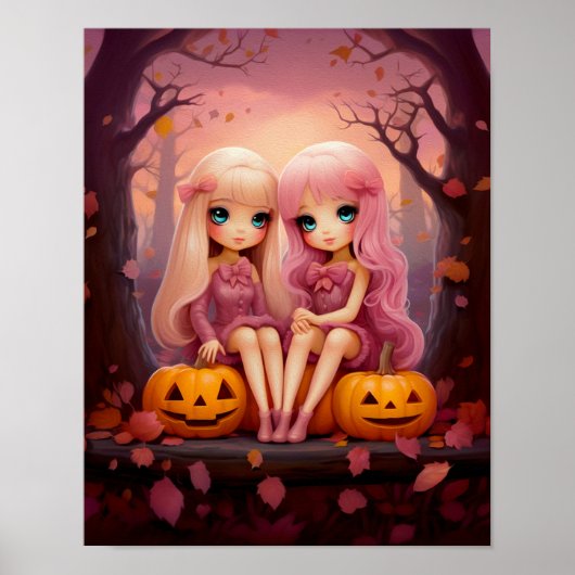 Roze Halloween zus tweeling meisjes in het park Poster (Voorkant)