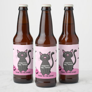 Roze Halloween Zwart Kat Meisje Baby shower Bier Etiket