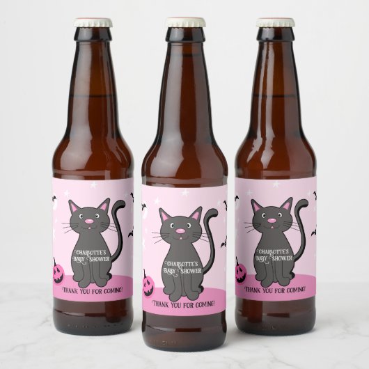 Roze Halloween Zwart Kat Meisje Baby shower Bier Etiket (Flessen)