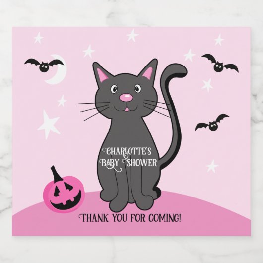 Roze Halloween Zwart Kat Meisje Baby shower Bier Etiket (Enkel label)
