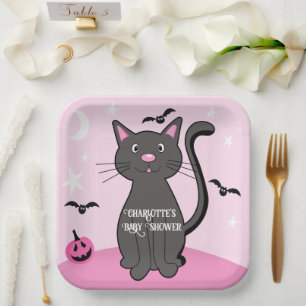 Roze Halloween Zwart Kat Meisje Baby shower Papieren Bordje