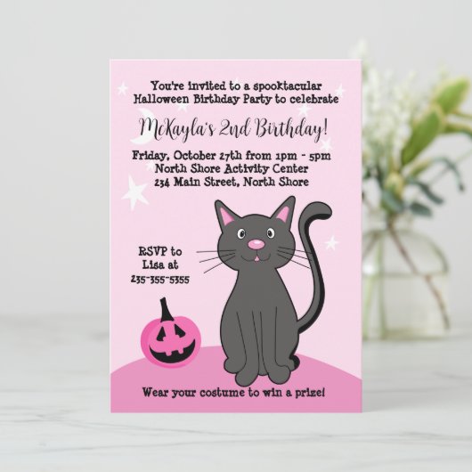 Roze Halloween Zwart Kat Pompoen Bat Zacht Roze Kaart (Staand voorkant)