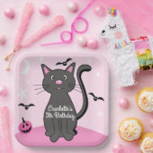 Roze Halloween Zwart Kat Verjaardag Meisje Papieren Bordje (Feest)