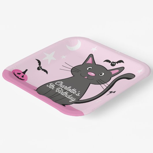 Roze Halloween Zwart Kat Verjaardag Meisje Papieren Bordje (Gebogen)