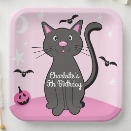 Roze Halloween Zwart Kat Verjaardag Meisje Papieren Bordje