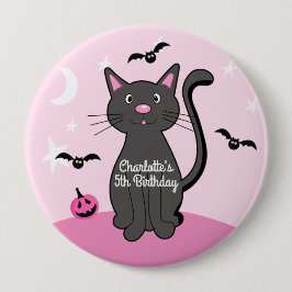 Roze Halloween Zwart Kat Verjaardag Meisje Ronde Button 4,0 Cm