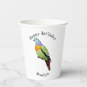 Roze-hals groene duif vogel cartoon illustratie papieren bekers