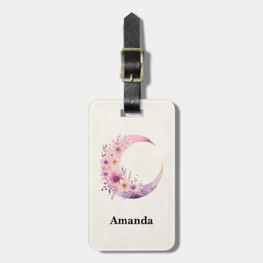 Roze halve maan met  bloemen bagagelabel (Voorkant verticaal)