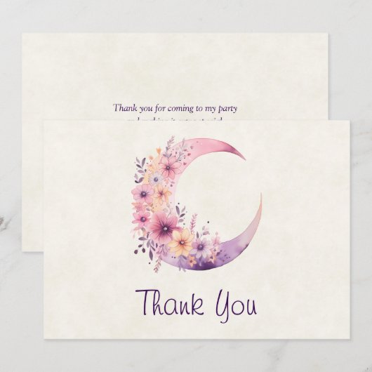 Roze halve maan met  bloemen bedankkaart (Voorkant / Achterkant)