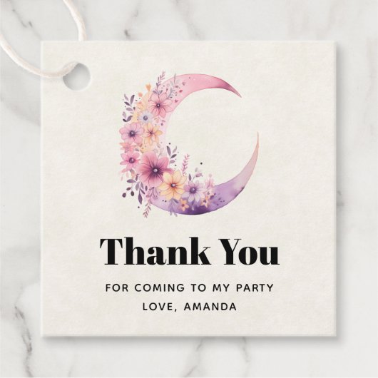 Roze Halve Maan met  Bloemen Bedankt Bedankjes Labels (Voorkant)