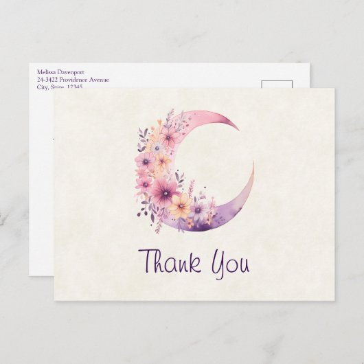 Roze Halve Maan met Bloemen Bedankt Briefkaart (Voorkant / Achterkant)