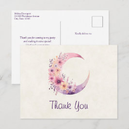 Roze Halve Maan met  Bloemen Bedankt Briefkaart