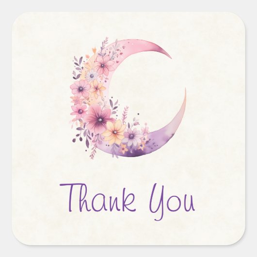 Roze Halve Maan met  Bloemen Bedankt Vierkante Sticker (Voorkant)