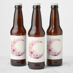 Roze halve maan met  bloemen bier etiket