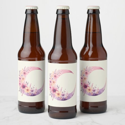 Roze halve maan met  bloemen bier etiket (Flessen)