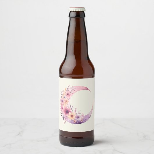 Roze halve maan met bloemen bier etiket (Voorkant)