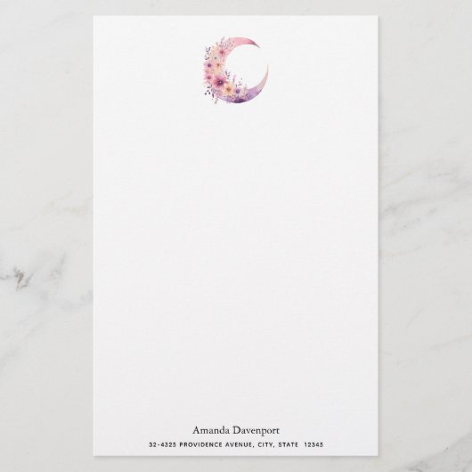 Roze halve maan met  bloemen briefpapier (Voorkant)