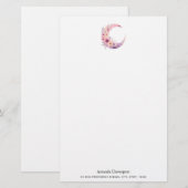 Roze halve maan met  bloemen briefpapier (Voorkant / Achterkant)