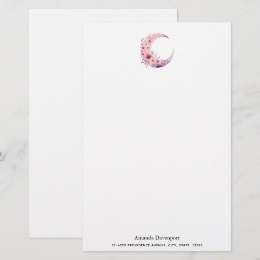 Roze halve maan met  bloemen briefpapier (Voorkant / Achterkant)