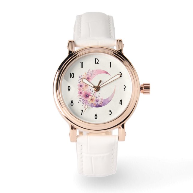 Roze halve maan met  bloemen horloge (Voorkant)
