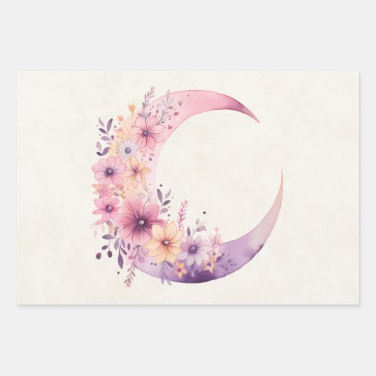 Roze halve maan met bloemen inpakpapier vel (Voorkant 3)