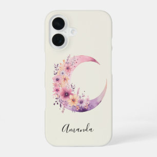 Roze halve maan met  bloemen iPhone 16 hoesje