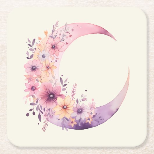 Roze halve maan met  bloemen kartonnen onderzetters (Voorkant)